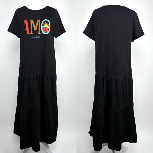 Farm Rio for Anthropologie Tiered T-Shirt Amo Maxi Dress Size Medium Black - Picture 14 of 14